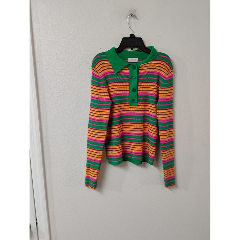 Pink Lily Womens Large Green Multi Color Striped Ribbed Knit Polo Sweater Top